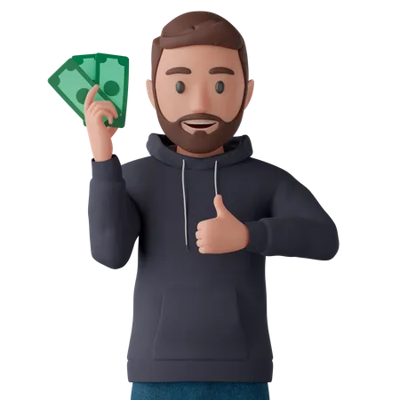 Man holding cash and giving thumb up  3D Illustration