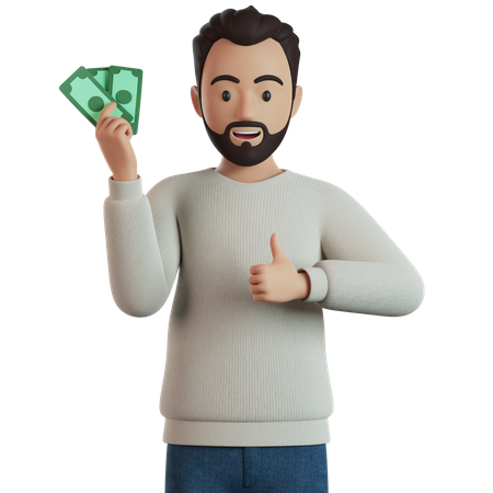 Man Holding Cash And Giving Thumb Up  3D Icon