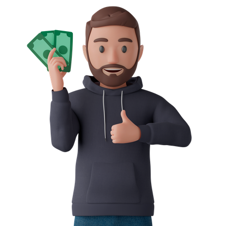 Man holding cash and giving thumb up  3D Icon