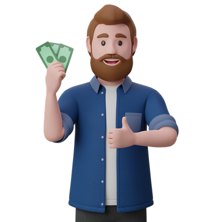 Man holding cash and giving thumb up  3D Illustration