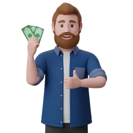 Man holding cash and giving thumb up 3D Illustration
