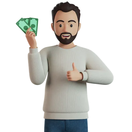Man Holding Cash And Giving Thumb Up  3D Illustration