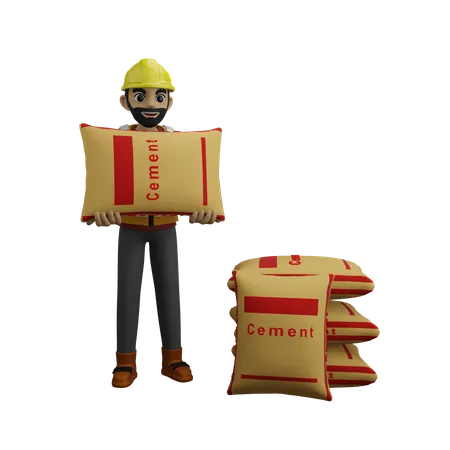 Man Holding Cement Sack  3D Illustration