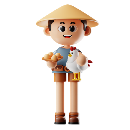 Man Holding Chicken And A Basket Of Eggs  3D Icon