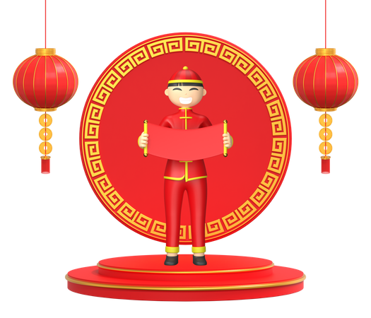 Man holding Chinese invitation  3D Illustration