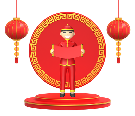 Man holding Chinese invitation 3D Illustration