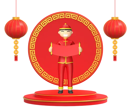Man holding Chinese invitation 3D Illustration