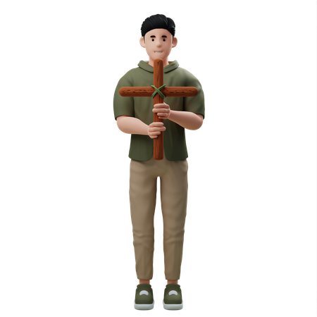 Man Holding Christian Cross  3D Illustration