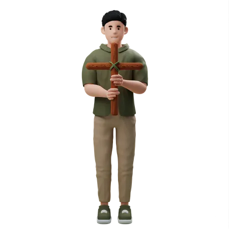 Man Holding Christian Cross  3D Illustration