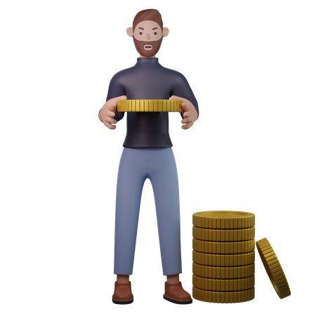 Man holding coin stack 3D Illustration