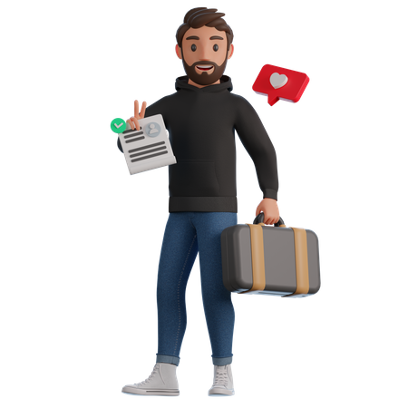 Man holding CV and suitcase  3D Illustration