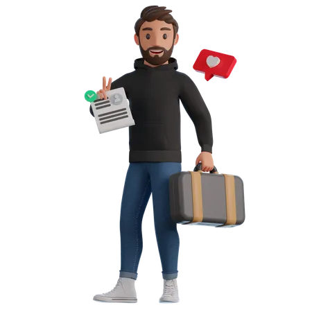 Man holding CV and suitcase  3D Illustration