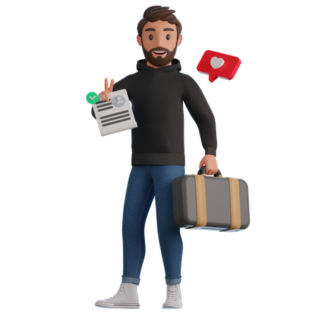 Man holding CV and suitcase 3D Illustration