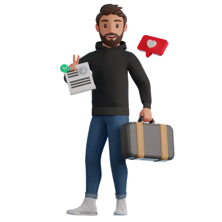 Man holding CV and suitcase 3D Illustration
