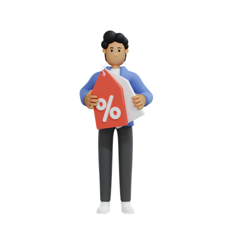 Man holding discount tag 3D Illustration