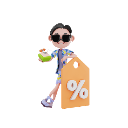 Man holding discount tag and coconut 3D Illustration