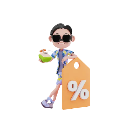 Man holding discount tag and coconut  3D Illustration