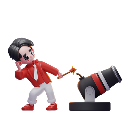 Man Holding Flame With Cannon  3D Illustration
