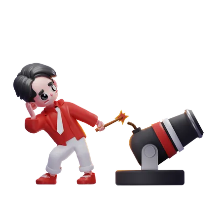Man Holding Flame With Cannon  3D Illustration