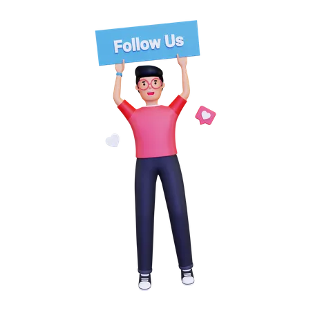 Man holding follow us button  3D Logo