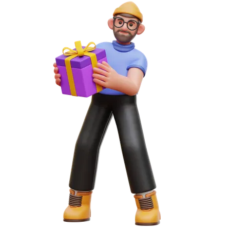 Man Holding Gift Box  3D Illustration