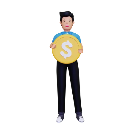 Man holding gold coin  3D Illustration