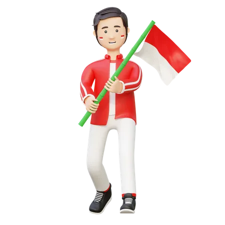 Man Holding Flag Of Indonesia With Bamboo Pole Independence Day 3 D Cartoon Illustration 3D Illustration