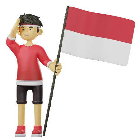 Man Holding Indonesian Flag  3D Illustration