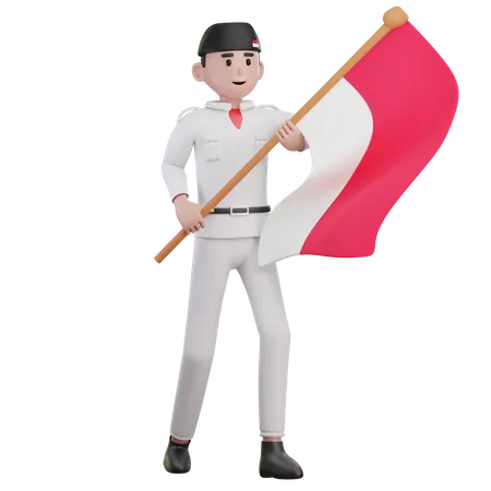 Man Holding Indonesian Flag  3D Illustration