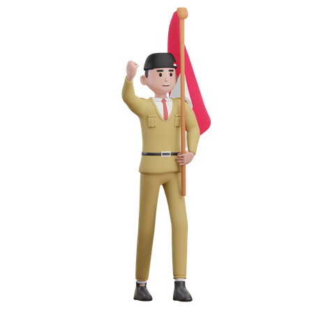 Man Holding Indonesian Flag  3D Illustration