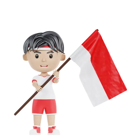 3 D Cute Character Indonesian Independence Day Is Standing With A Flag 3D Illustration