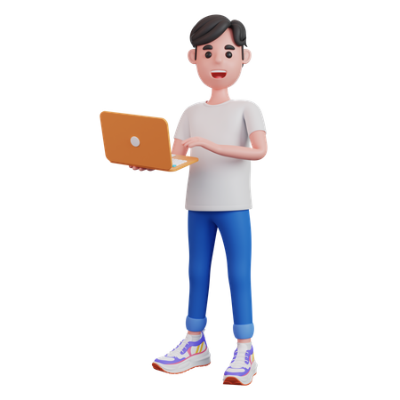 Man Holding Laptop  3D Illustration