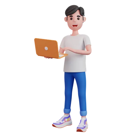 Man Holding Laptop  3D Illustration