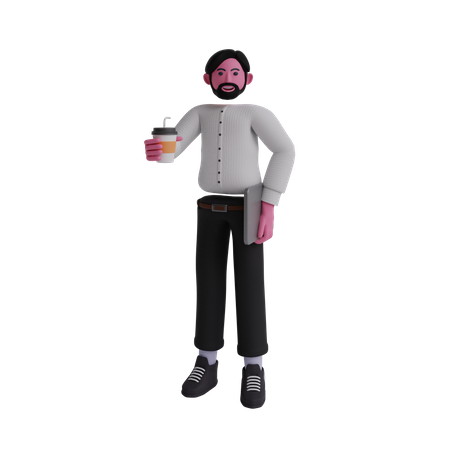 Man holding laptop and coffee cup  3D Icon