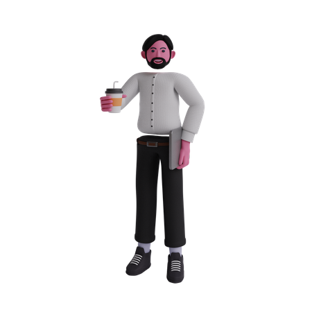 Man holding laptop and coffee cup 3D Illustration