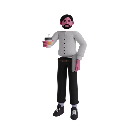 Man holding laptop and coffee cup  3D Illustration