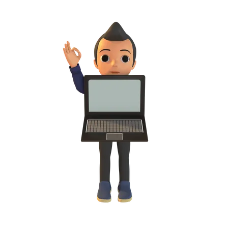 Man Holding Laptop And Ok Sign  3D Illustration