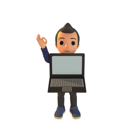 Man Holding Laptop And Ok Sign  3D Illustration