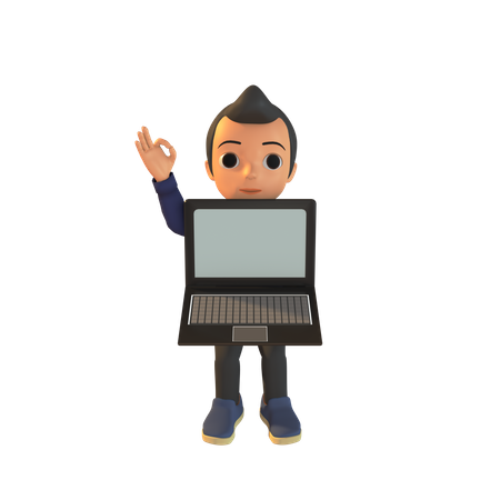 Man Holding Laptop And Ok Sign  3D Illustration