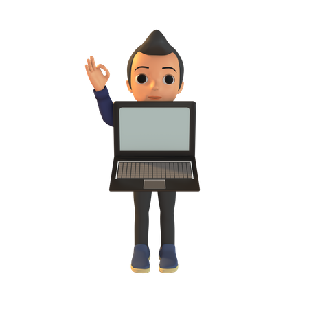 Man Holding Laptop And Ok Sign  3D Illustration