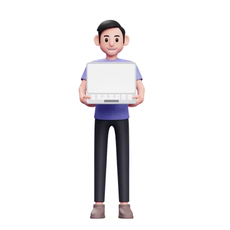 Man Standing Holding Laptop With Both Hands 3 D Render Character Illustration 3D Illustration
