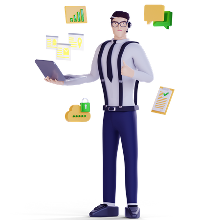 Man holding laptop and work for customer service  3D Illustration