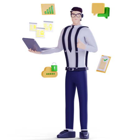 Man holding laptop and work for customer service 3D Illustration