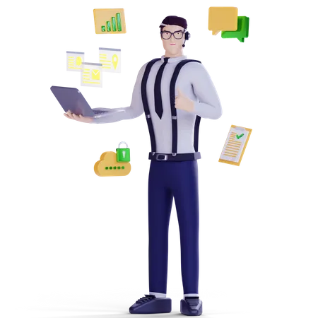 Man holding laptop and work for customer service  3D Illustration