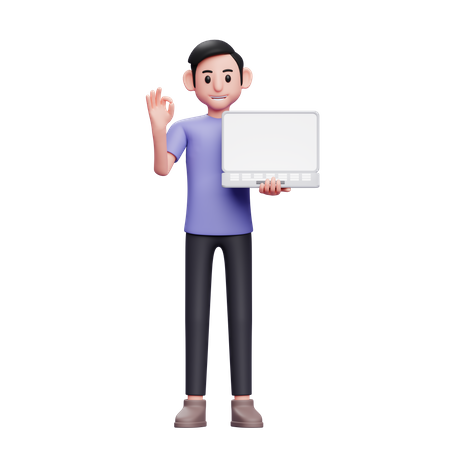 Man holding laptop while giving ok sign  3D Icon