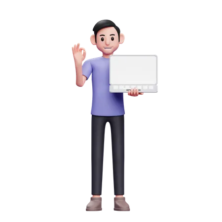 Man holding laptop while giving ok sign  3D Illustration