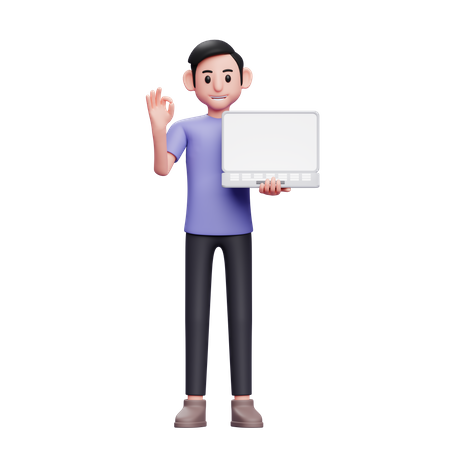 Man holding laptop while giving ok sign  3D Illustration