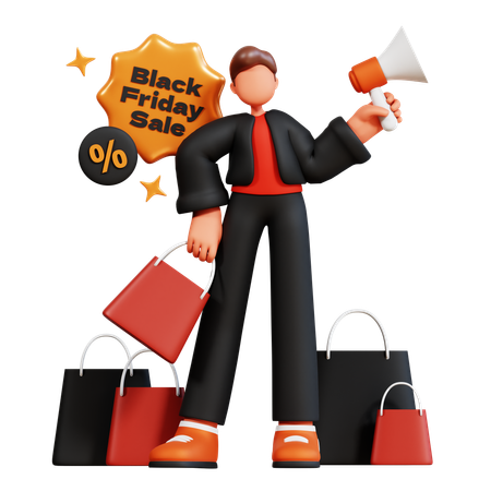 Man holding megaphone and doing black friday sale announcement  3D Illustration