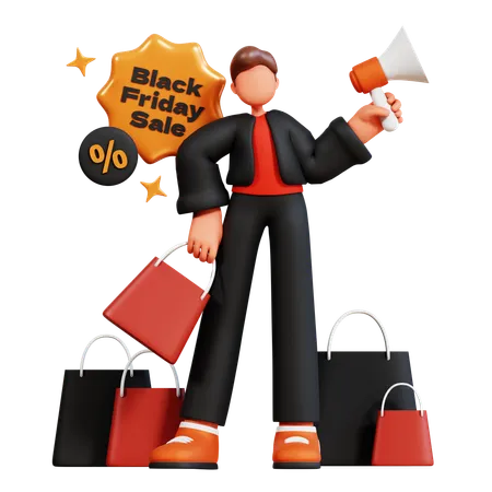 Man holding megaphone and doing black friday sale announcement  3D Illustration
