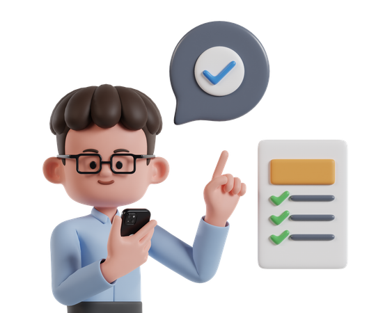 Man Holding Mobile Phone And Showing Completed Task  3D Icon